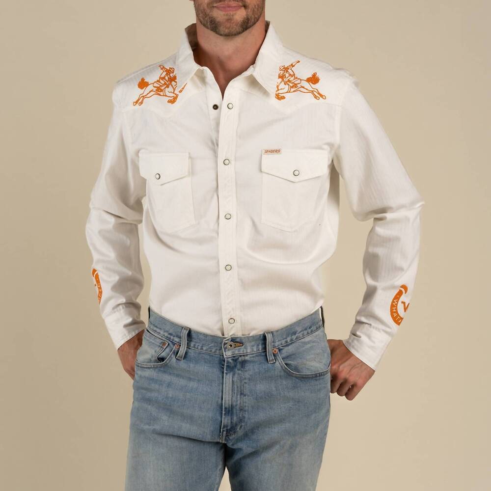 NEW SENDERO PROVISIONS CO. wyatt pearl snap long sleeve embroidered shirt in whi